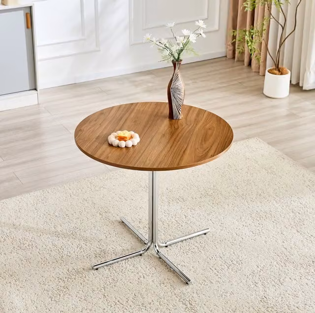 Tavolino rotondo color noce in MDF con struttura in metallo cromato