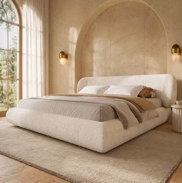 Letto matrimoniale imbottito 160x200 cm in ciniglia beige; con testiera e rete a doghe