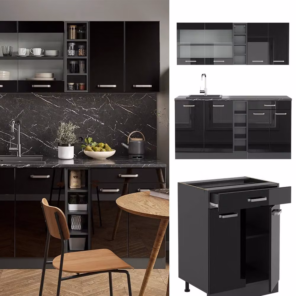 Cucina completa moderna R-Line Vicco Nero lucido e Antracite L: 160 cm – 2