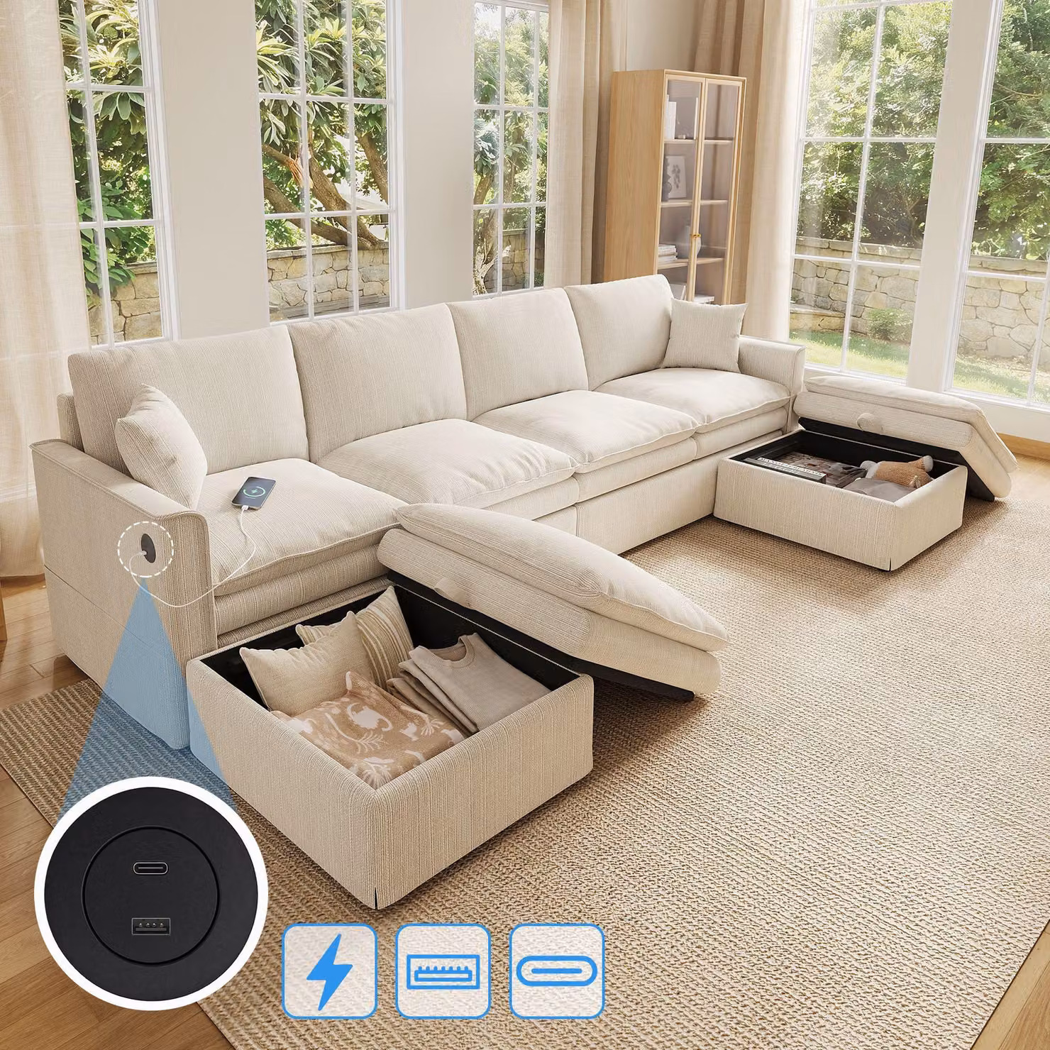 Divano angolare a forma di U, modulare, con 6 posti, dotato di poggiapiedi con spazio contenitore, trasformabile in forma a L, con connessioni USB e Type-C, rivestito in cotone e lino, color beige