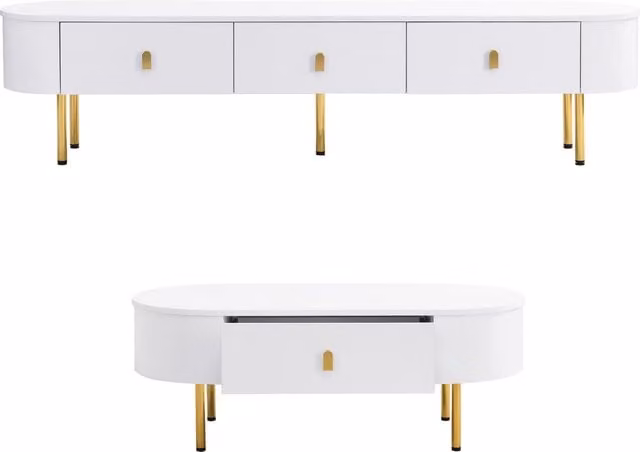 Set mobile TV e tavolino da caffè GL Store per soggiorno con cassetti e angoli arrotondati, Bianco e Oro