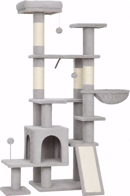 Albero Tiragraffi Multilivello PawHut per Gatti con 4 Pali, Amaca e Cave, Grigio Chiaro, Altezza: 152 cm