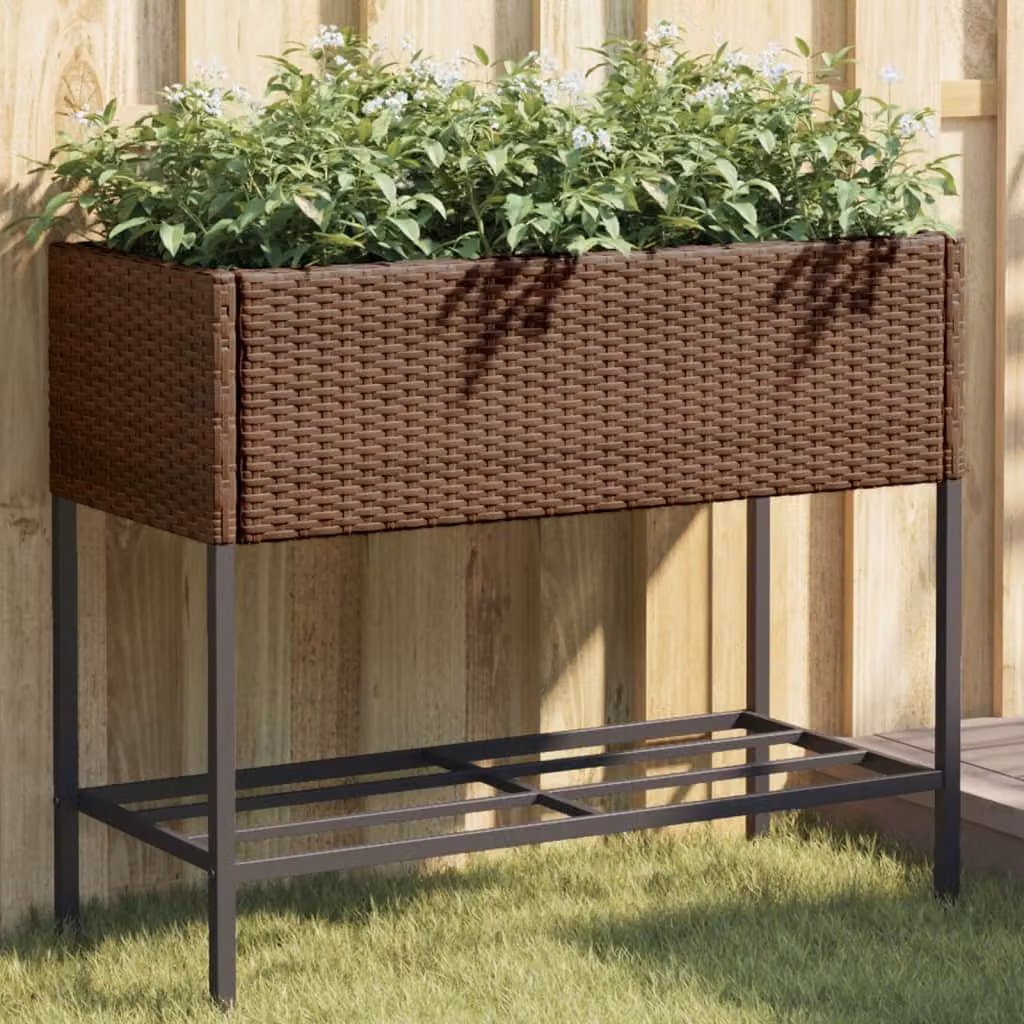 vidaXL Fioriera da Giardino con Ripiano Marrone in Polyrattan e Acciaio