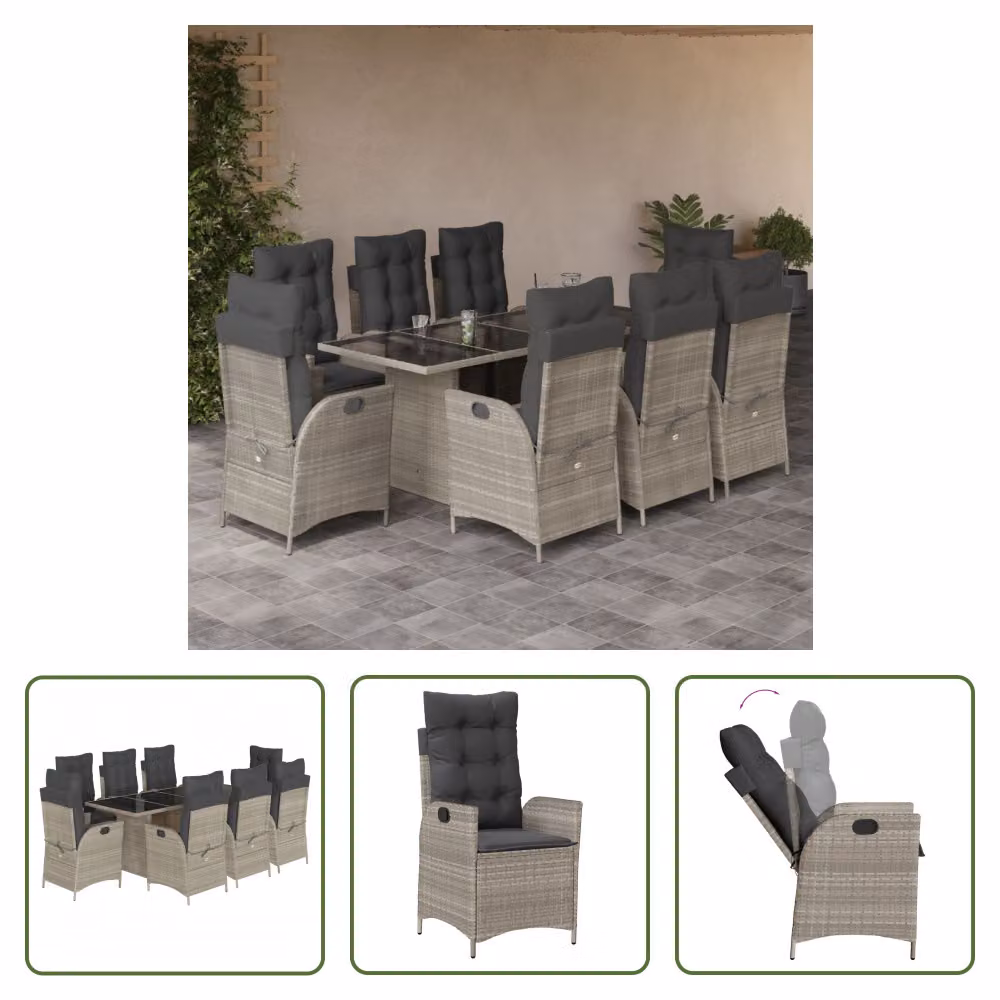The Living Store Set da pranzo da giardino 9 pezzi con cuscini in poly rattan grigio chiaro