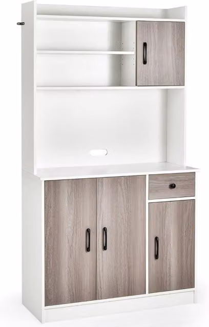 Armadio da cucina alto-Buffet-Armadio da cucina 180cm con stazione di ricarica integrata, Buffet con vetrina piano per microonde cassetto Bianco