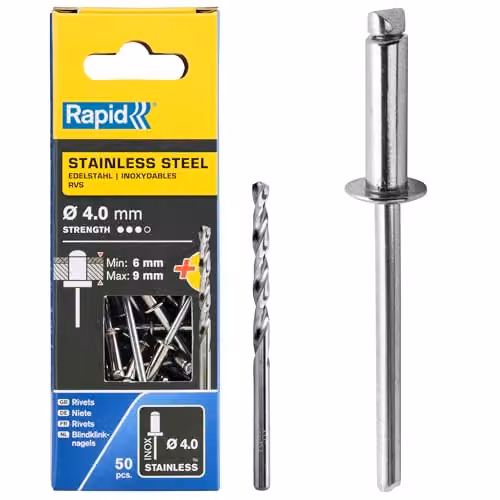 Rapid Rivetti Acciaio Inox 4x12 mm con Punta Trapano - 50 Pezzi