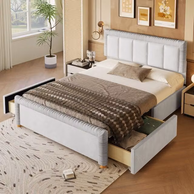 Letto imbottito - 140 x 200 cm - Letto matrimoniale - Tessuto in velluto - Con 2 cassetti - Grigio