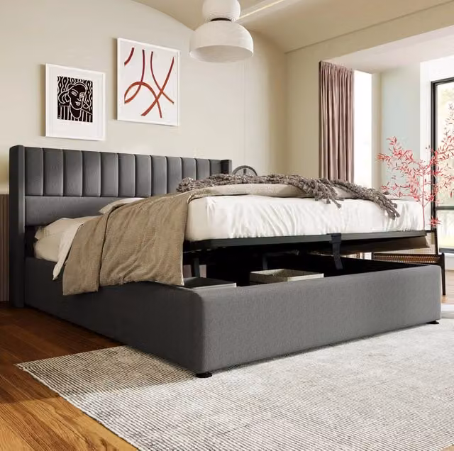 Letto contenitore 160x200 cm; apertura idraulica; lino; grigio (Senza materasso)