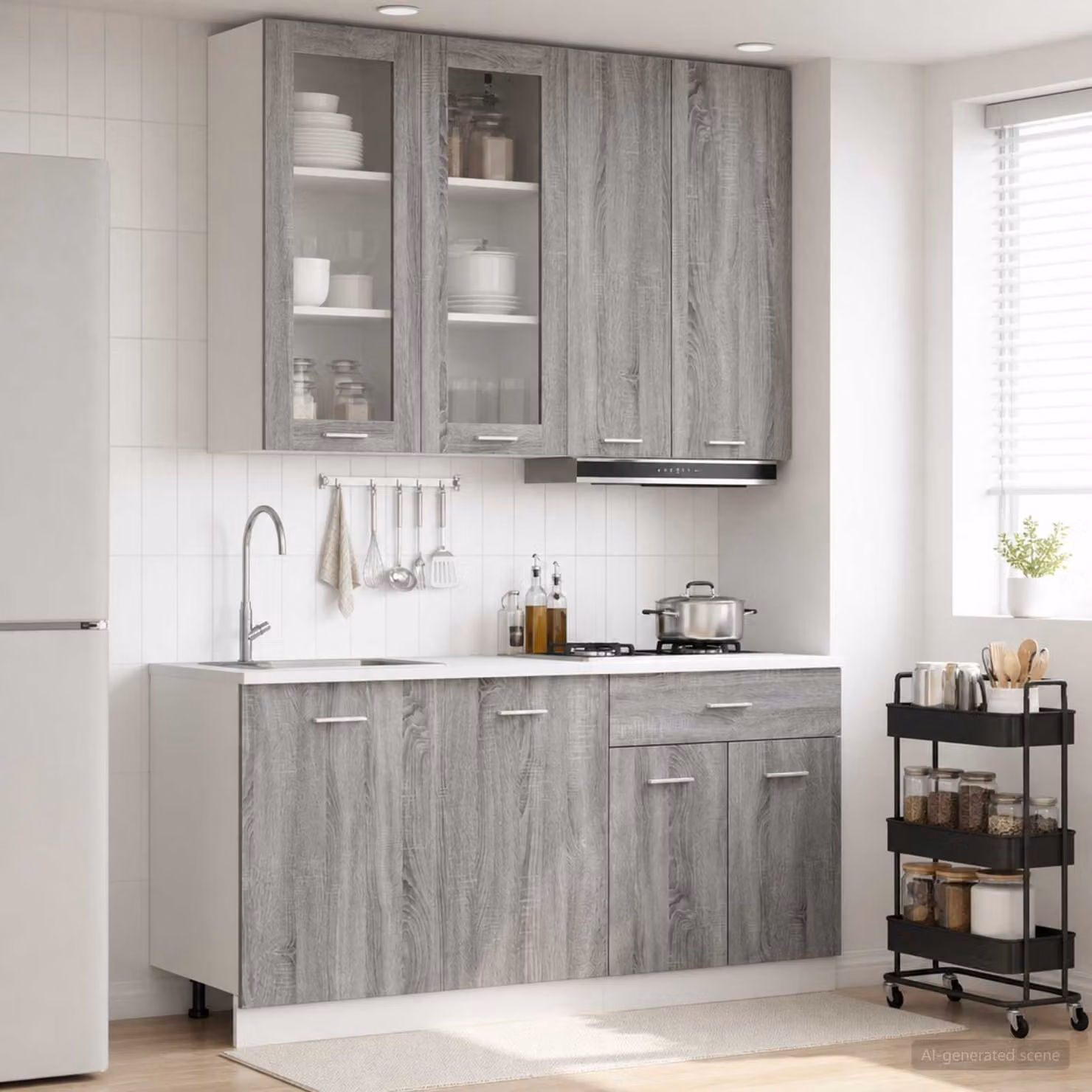 Set di unità cucina moderna vidaXL LYON composta da 4 pezzi in MDF grigio con ante in vetro