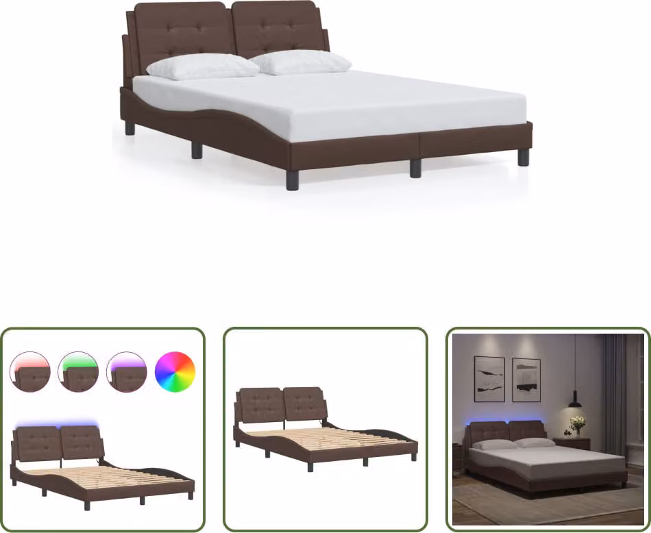 The Living Store Struttura letto con LED Marrone 120x200 cm in ecopelle