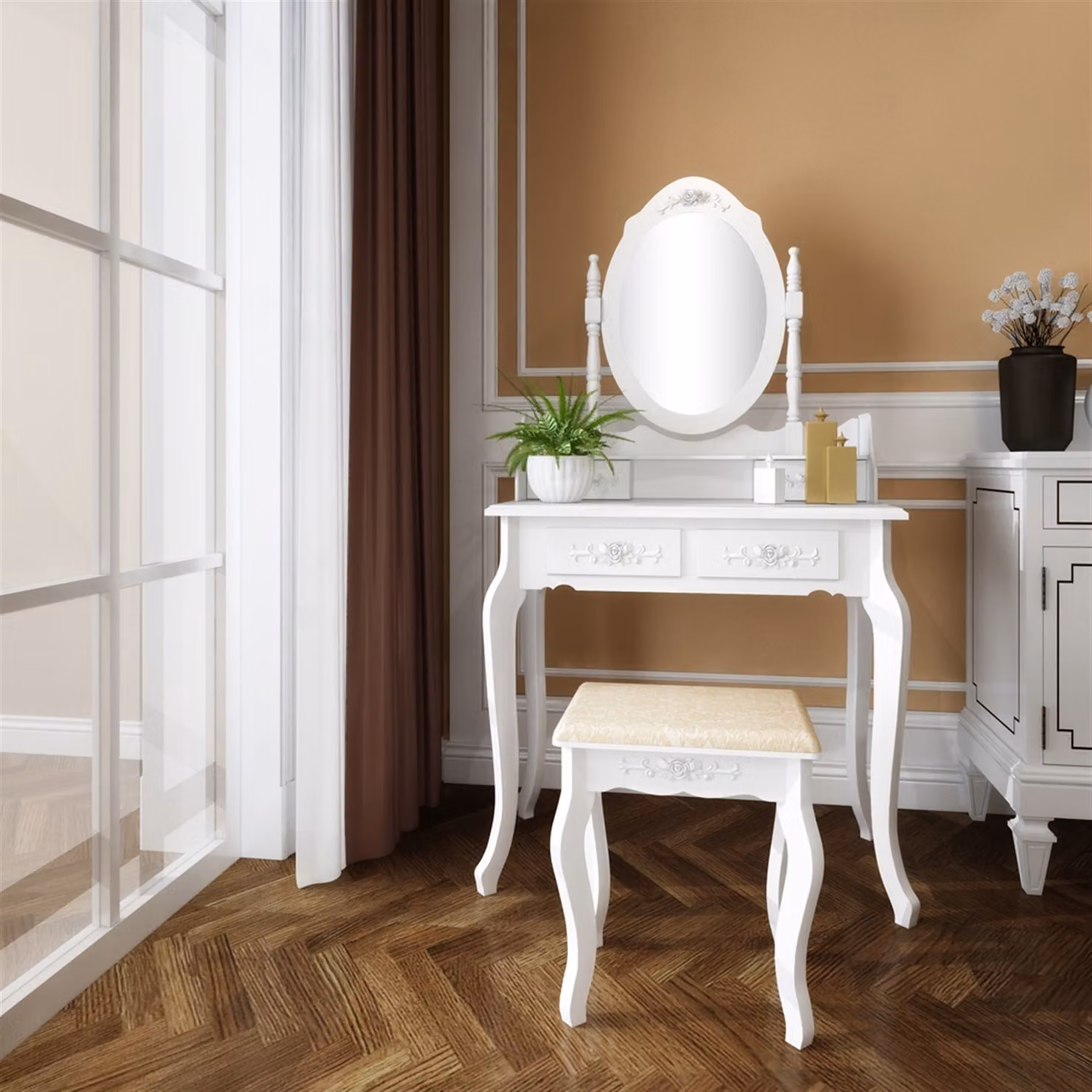 Tavolino da toilette AIORBER, specchio girevole a 360°, con sgabello, robusto, 4 cassetti, tavolini da toilette, per camere da letto, 75 x 40 x 142,5 cm, bianco