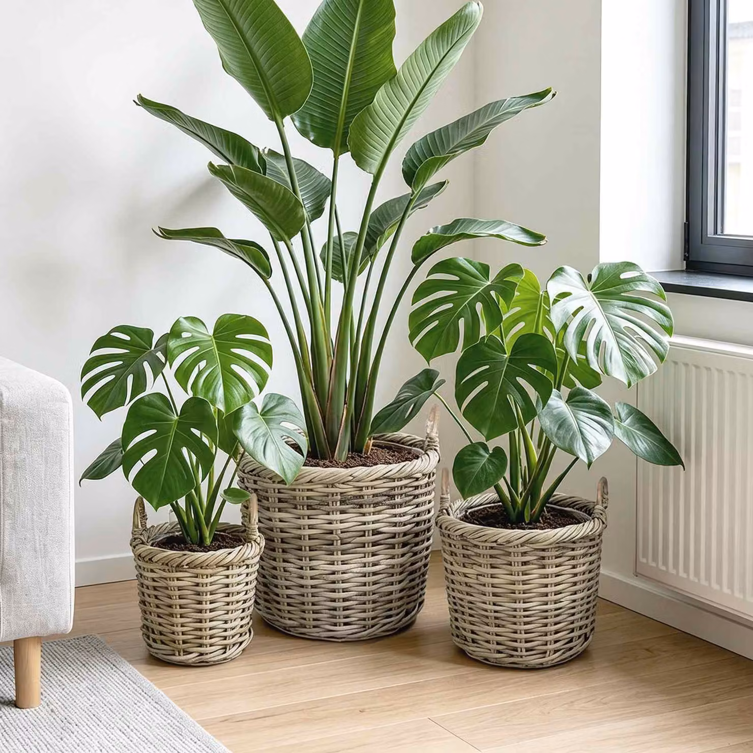 Set di 3 cesti per piante vidaXL GENDT in rattan color grigio e beige con maniglie e design impilabile