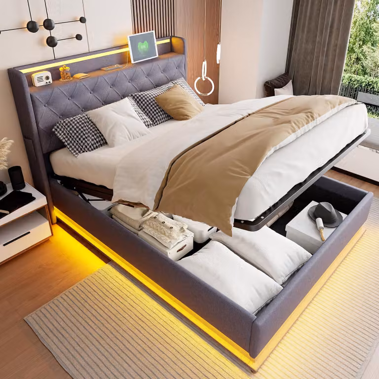Letto imbottito Merax 140x200cm con LED e USB, letto a molle idrauliche con rete a doghe, contenitore e struttura in metallo, letto matrimoniale biancheria giovanile, grigio