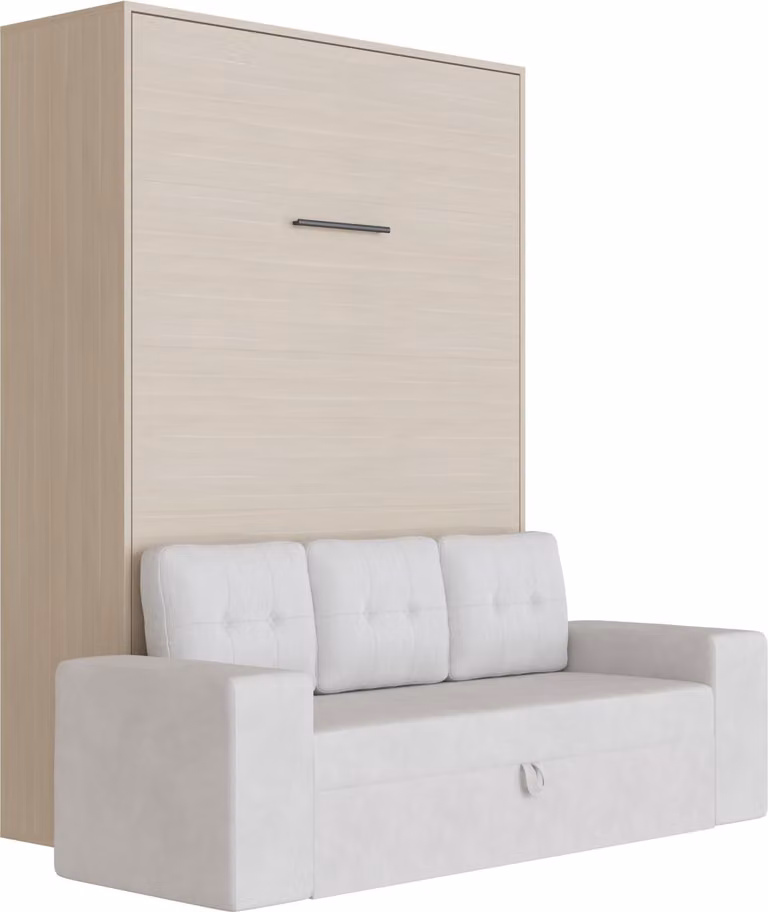 Letto a scomparsa M3 140x200 verticale con divano grigio sabbia braccioli con cassetti Quercia imperiale