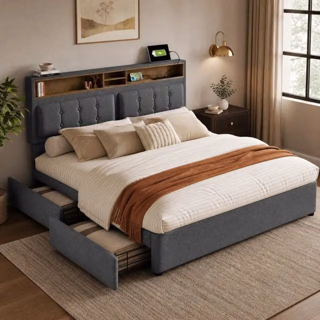 Letto Mivray con 4 cassetti e ricarica USB Type-C, testiera regolabile e ripiano, rivestimento in tessuto grigio, L/P/H: 140 x 200 x 104 cm
