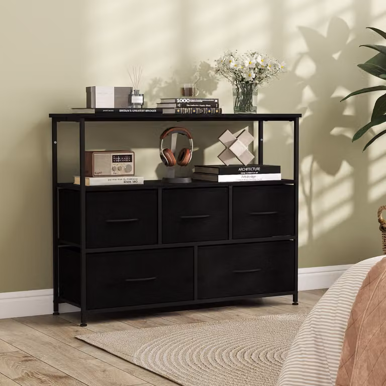 Comò Costway per camera da letto con 5 cassetti in legno e MDF, unità organizzatore moderna colore nero