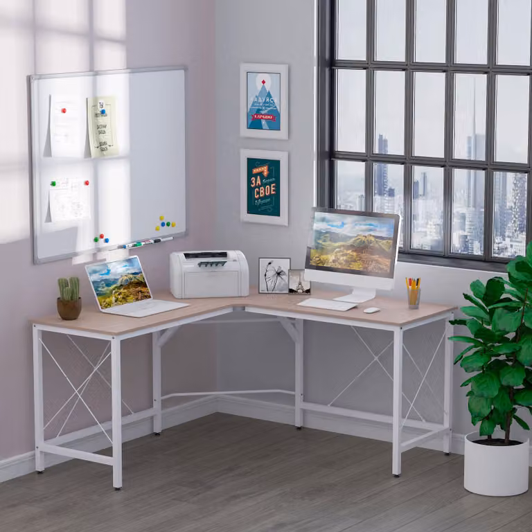 okwish scrivania da lavoro a forma di L scrivania ad angolo scrivania da ufficio con struttura in acciaio e piano idrorepellente, scrivania per computer scrivania angolare per configurazione di gioco, natura
