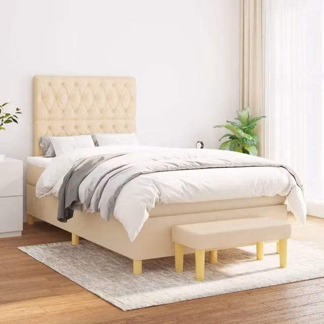 Letto Ibrido vidaXL con Giroletto a Molle e Materasso in Tessuto, Beige e Bianco, L 120 x P 200 cm