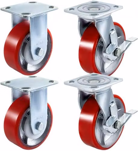 Set di 4 ruote girevoli VEVOR in poliuretano rosso con freno in acciaio, 2 ruote girevoli e 2 ruote fisse, L: 15,0 cm, P: 5,1 cm