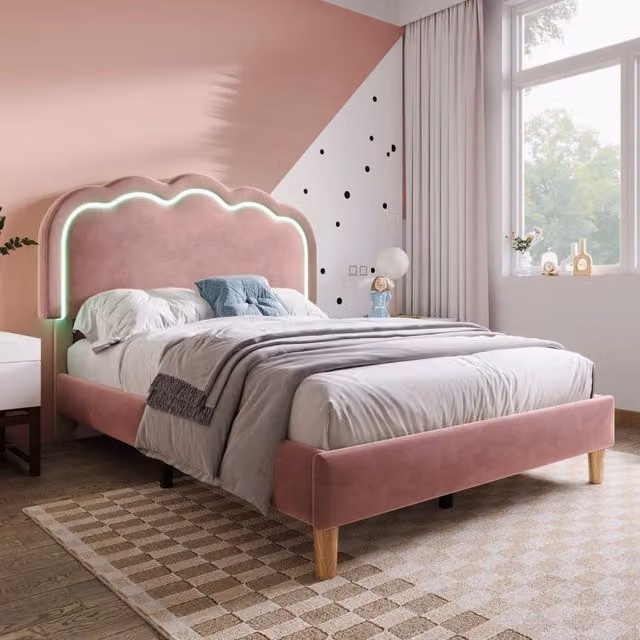 Letto imbottito REDOM in velluto rosa con illuminazione LED sottostante, L/P/H: 90 x 200 x 101 cm