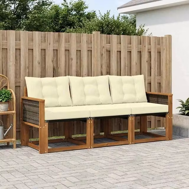 Set di divani da esterno 3 pezzi vidaXL in legno di acacia e textilene, colore beige e bianco, con cuscini inclusi – 1