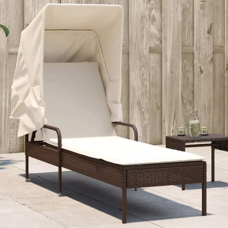 vidaXL Lettino Prendisole con Baldacchino in Polyrattan Marrone e Bianco con Poggiatesta Regolabile