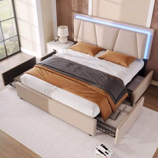 Letto con cassetti 160 × 200 cm con testiera regolabile, LED, 4 cassetti, senza materasso, in legno, beige