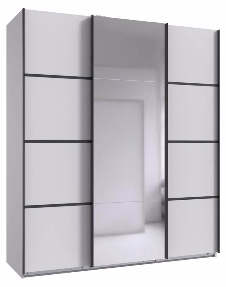 Armadio Jork design ad ante scorrevoli con specchio selezionabile a 3 ante, bianco / grafite