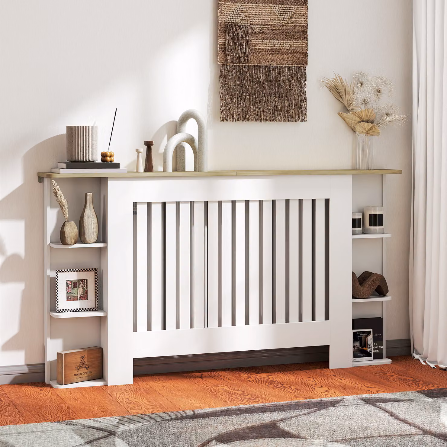 Copri radiatore HOMCOM con ripiani in design moderno a doghe, in MDF, Bianco, L 152 cm x P 19 cm x H 83 cm – 2