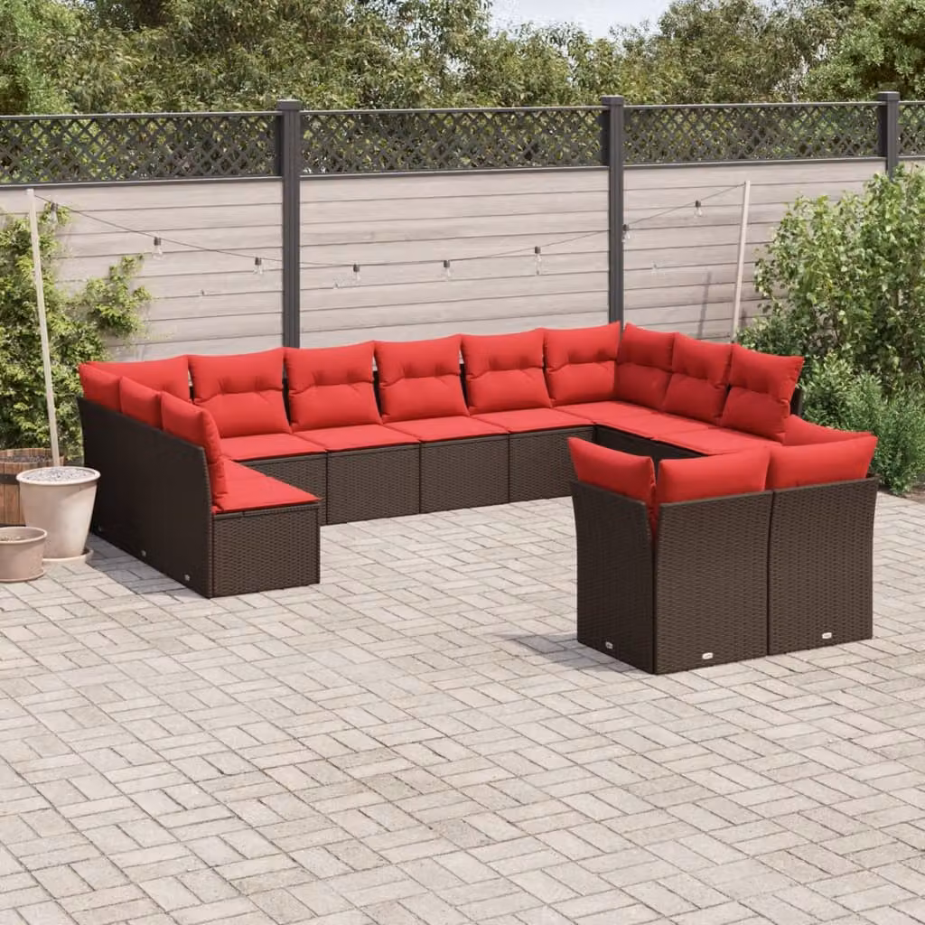 Set di divani da giardino vidaXL a forma di U composto da 12 pezzi con cuscini marroni e rossi in rattan e metallo con coperture rimovibili e resistenza ai raggi UV