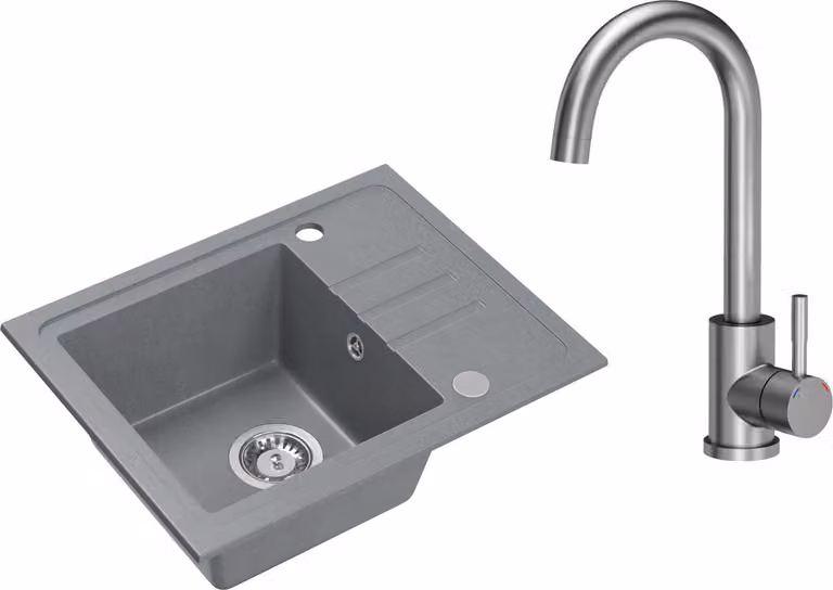 VBChome Lavello Granito Grigio con Rubinetto 55 x 44 cm Lavello da Incasso a Vasca Singola Specchiato Reversibile Lavello Sifone Rubinetto Inox