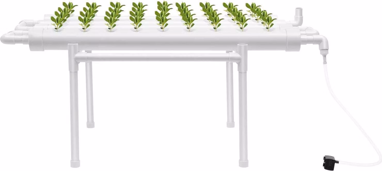 Sistema di coltivazione idroponica - Set di tubi NFT - 1 livello - 36 fori di impianto - 4 tubi - PVC-U - tubo Ø6,3 cm - distanza tra i fori 8 cm - bianco