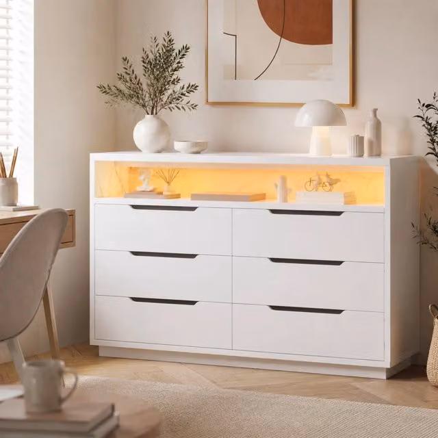 Madia MIVRAY moderna con LED regolabili, 6 cassetti e vano aperto effetto marmo, colore bianco, L/P/H: 120 x 40 x 85 cm