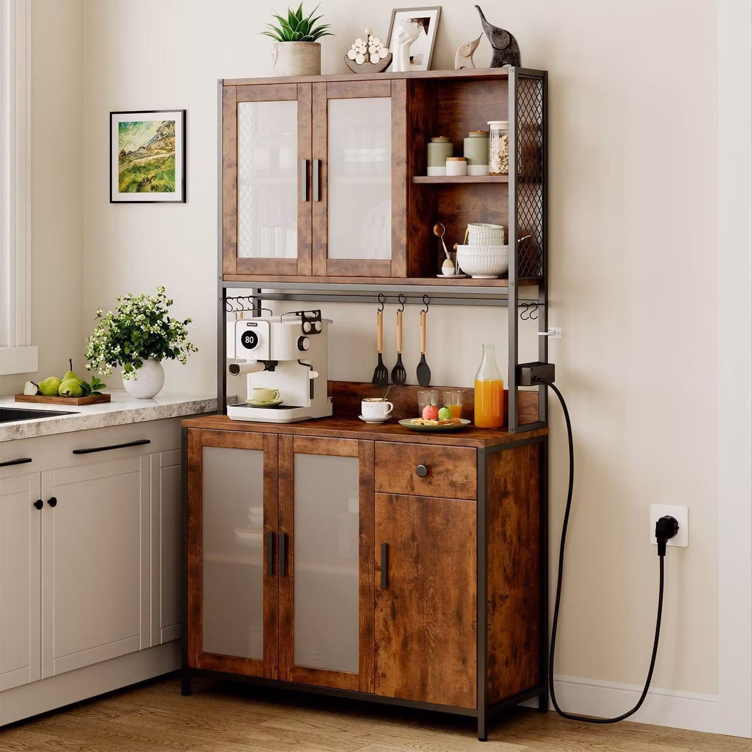 Mobile da cucina di 181 cm con piano di lavoro, 5 ante, 1 cassetto, prese elettriche, colore marrone e nero