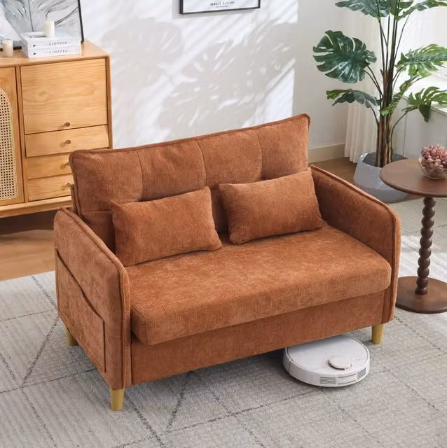 Divano 2 posti 127 cm in ciniglia marrone con tasche laterali HOMVRA