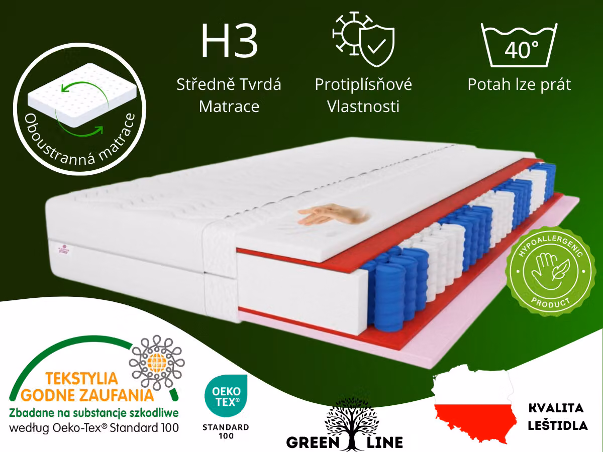 Materasso a molle insacchettate MARPUR, 140x200 cm, modello Cailano, 7 zone, rigidità H3, altezza 19 cm