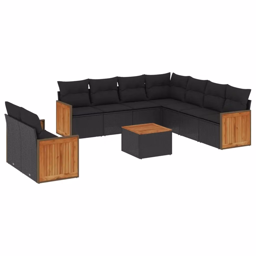 Set di divani da giardino vidaXL in polyrattan nero con cuscini e tavolino da caffè moderno per esterno – 2