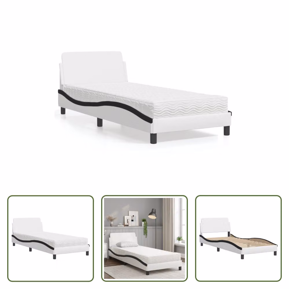 The Living Store Letto con materasso bianco e nero 80x200 cm in ecopelle
