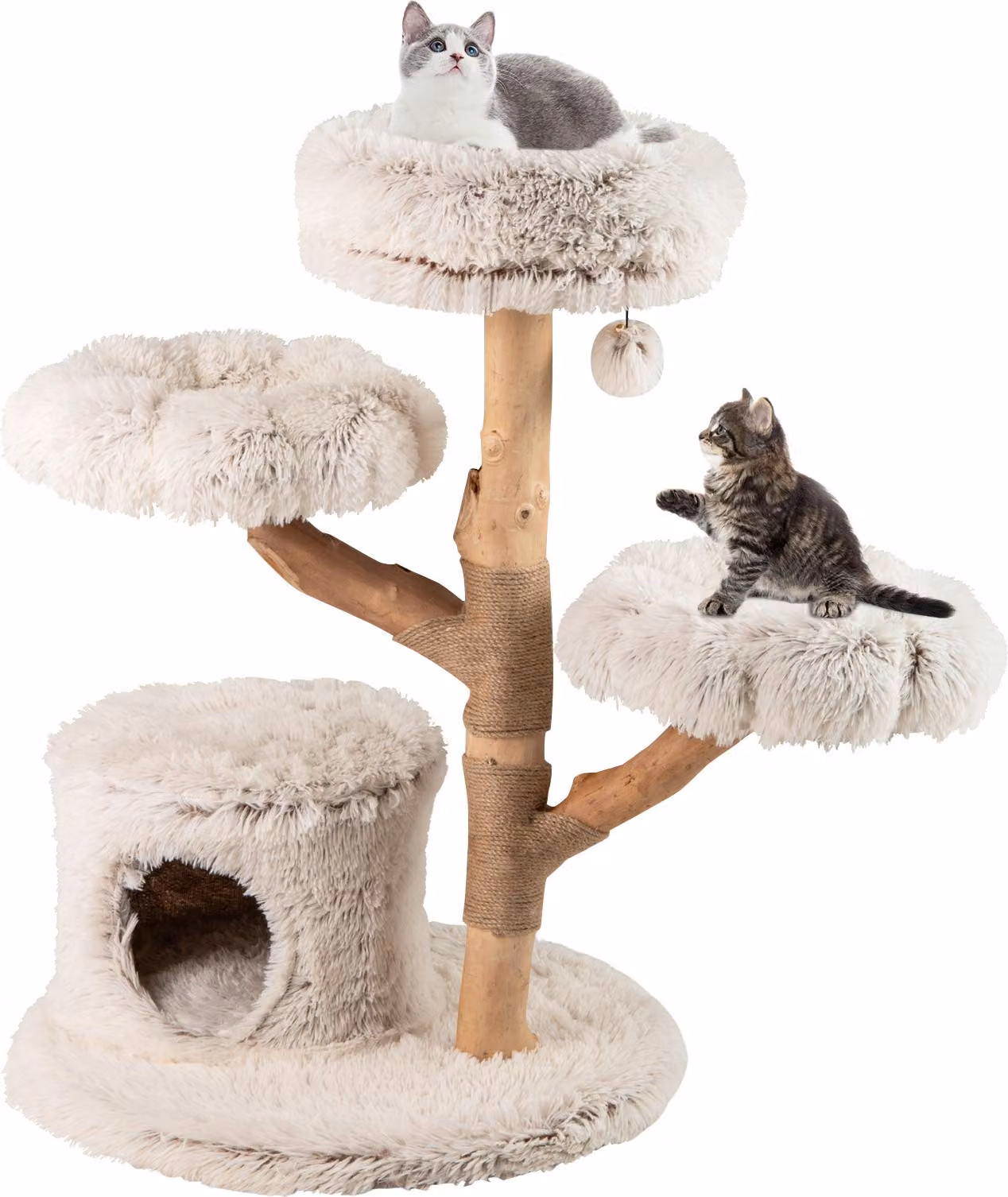 COSTWAY 102cm tiragraffi in legno, albero per gatti con grotta per gatti, sedile in peluche, piattaforme tiragraffi in iuta e palline, mobili per gatti in legno massiccio, bianco