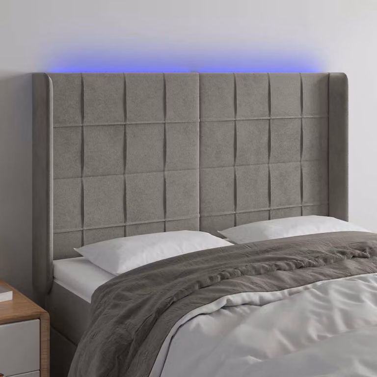 vidaXL Testiera con LED e porta USB in velluto grigio, L 147 x P 16 x H 118/128 cm
