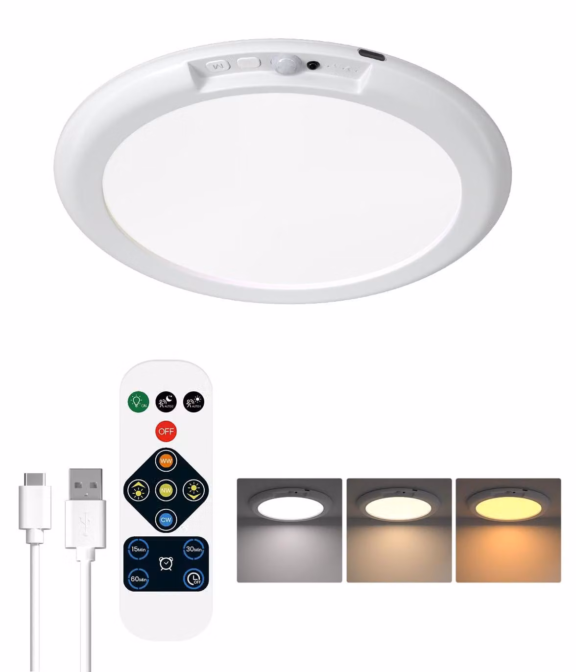 Lampada da soffitto con sensore di movimento, ricaricabile, diametro 7,5 pollici, batteria 4000mAh, dimmerabile, 3 temperature di colore