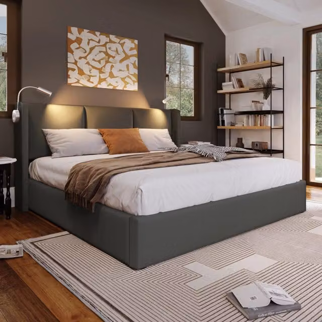 Letto contenitore 180 x 200 cm con lampada di lettura, USB e contenitore idraulico, con rete a doghe, in PU grigio, metallo e legno