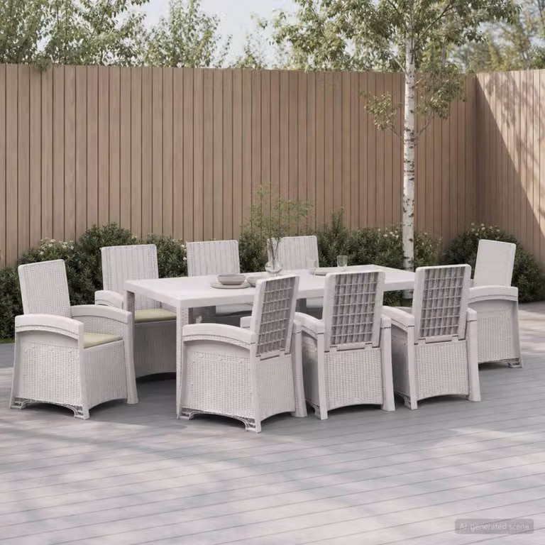 Set da pranzo per giardino e terrazzo vidaXL in rattan bianco e beige, 9 pezzi