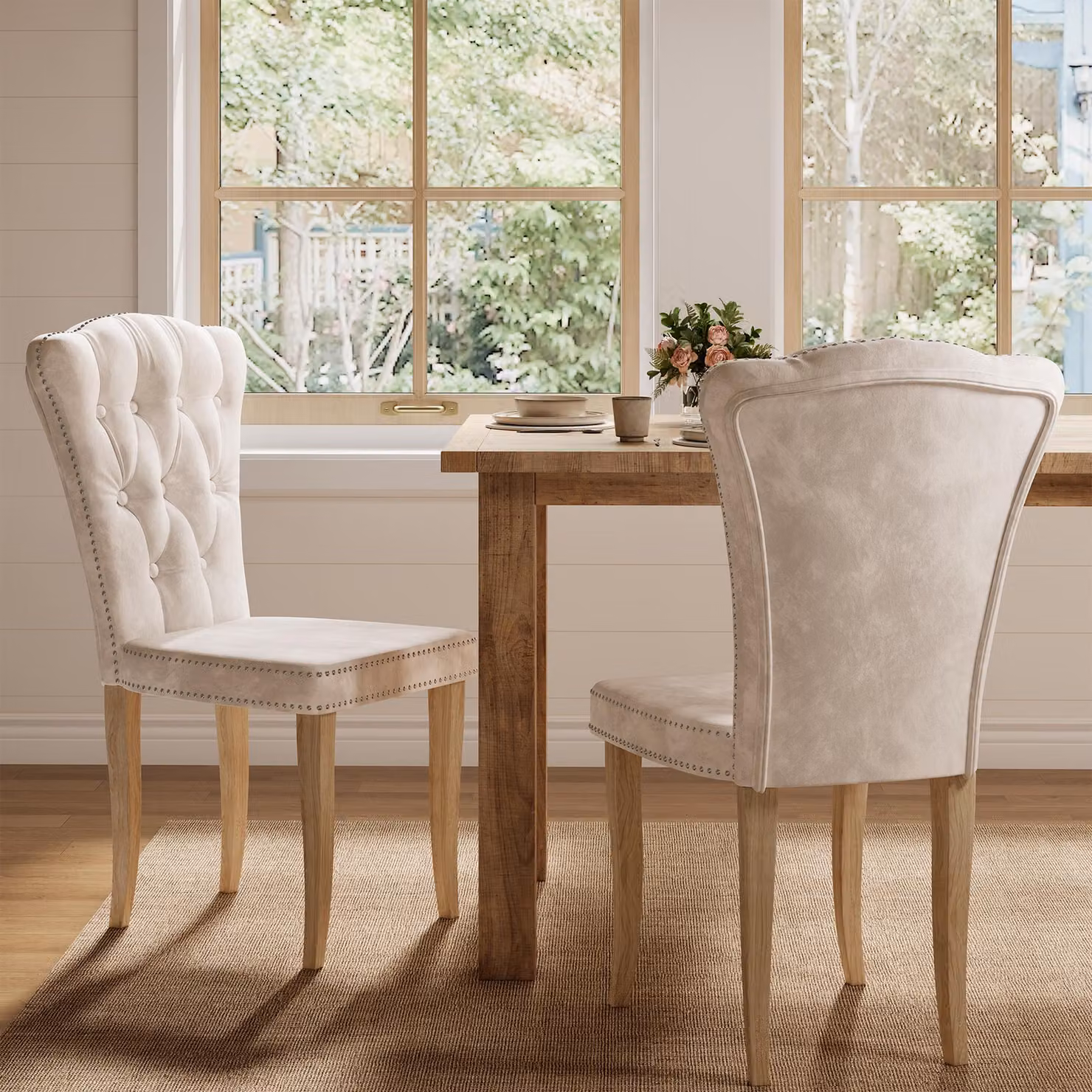 Set di 2 sedie da pranzo Moonbite, rivestite in velluto con gambe in legno, colore beige. Sedie da cucina in stile vintage con dettagli a "testa di chiodo", poltrone imbottite con schienale imbottito