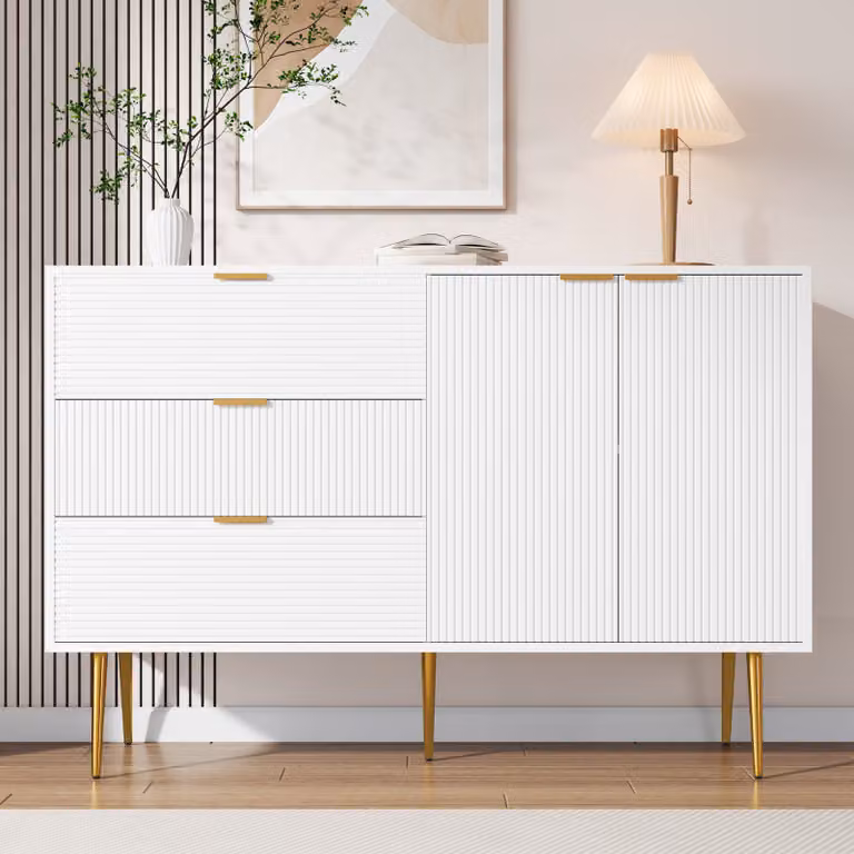 Credenza Flieks Credenza, cassettiera con gambe dorate, mobile da soggiorno con ante e cassetti, mobile in stile arte moderna, bianco