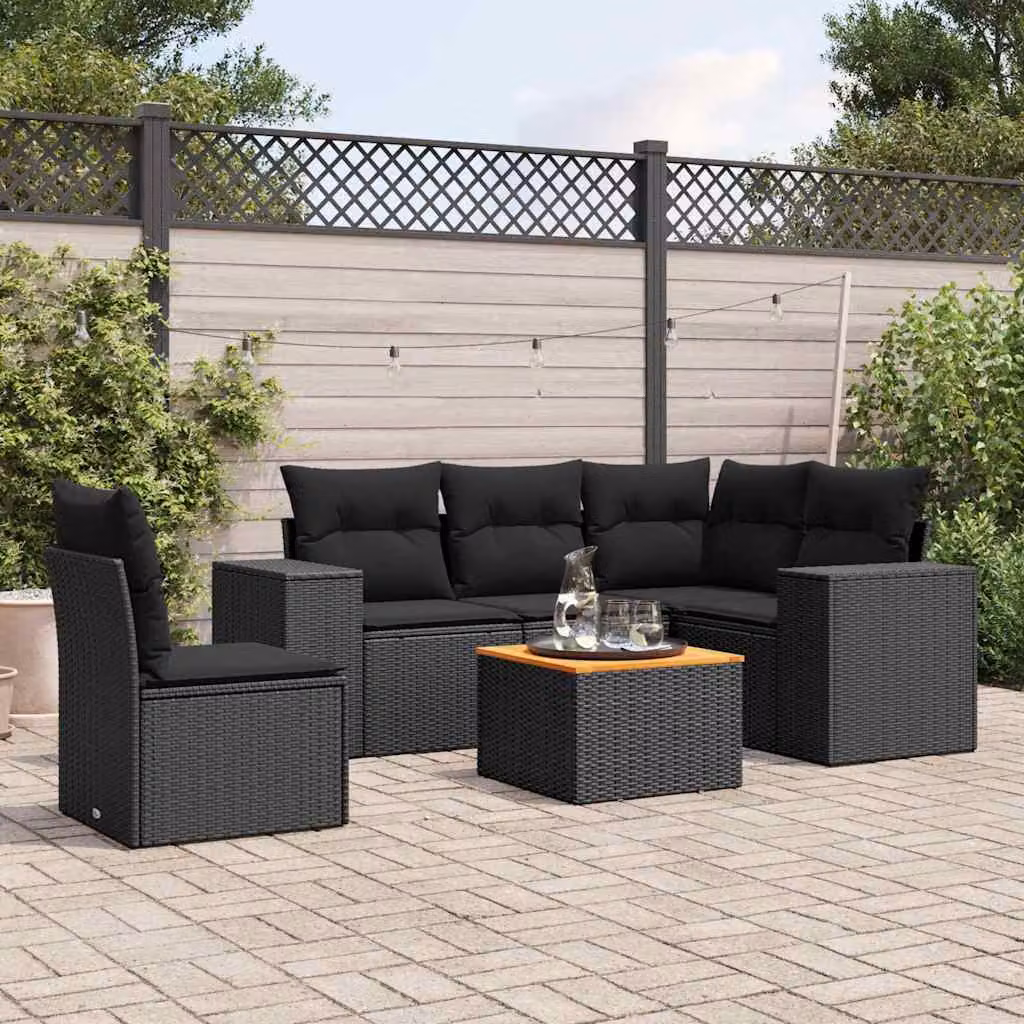 Set Divano da Giardino vidaXL 6 pz a L in Polyrattan Nero con Cuscini e Tavolino – 1