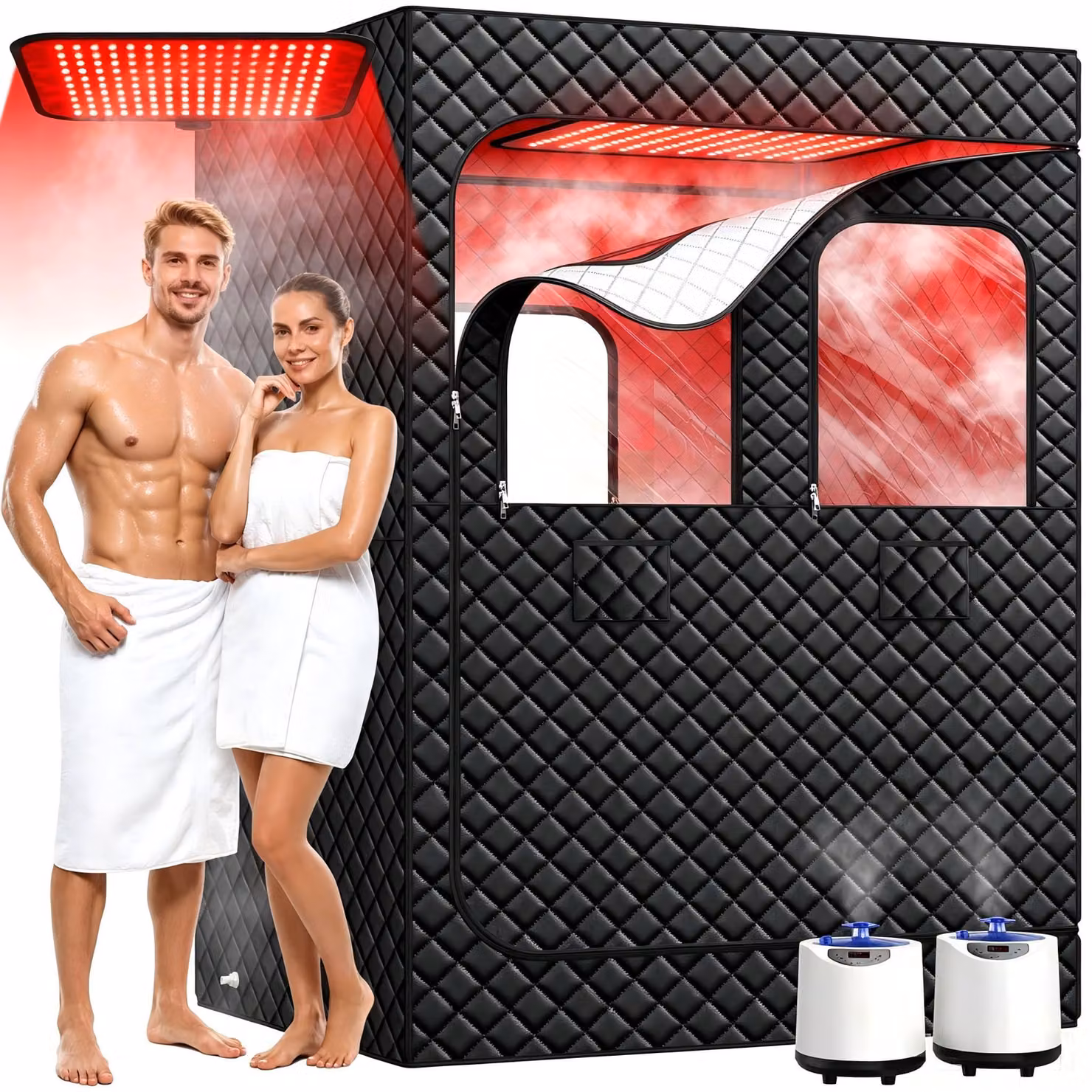 Sauna a infrarossi per 2 persone, dotata di 160 LED rossi e 320 LED NIR, con una potenza di 2 x 1200 W