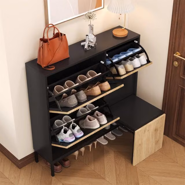 Scarpiera con panca estraibile e vano aperto in MDF nero e naturale capacità per 12–16 paia 100 × 100 × 25 cm