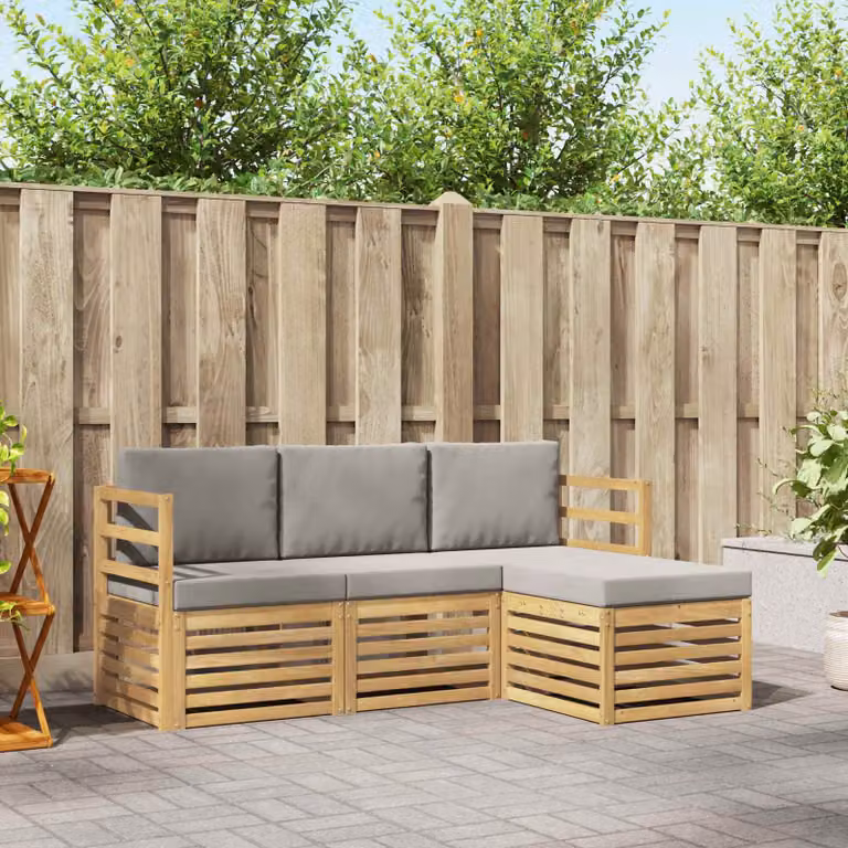vidaXL Set di divani da esterno a L composto da 4 pezzi in legno di acacia con cuscini in poliestere bianco e grigio