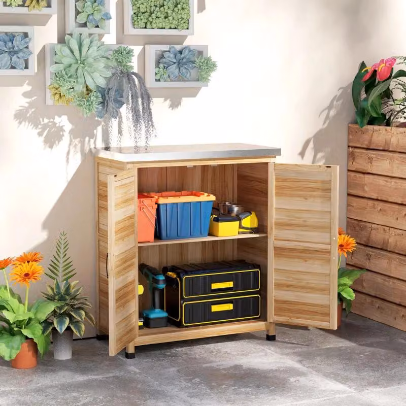 Mobile da giardino Moonbite con banco da lavoro, tavolo da semina in abete, dimensioni 79 x 43 x 92 cm, piano zincato, ripiano resistente fino a 30 kg, piedini protettivi, legno, verniciato
